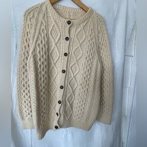 Vintage Handmade Ivory  Knit Cardigan Cream Chunky Fisherman Wool Unisex Large
